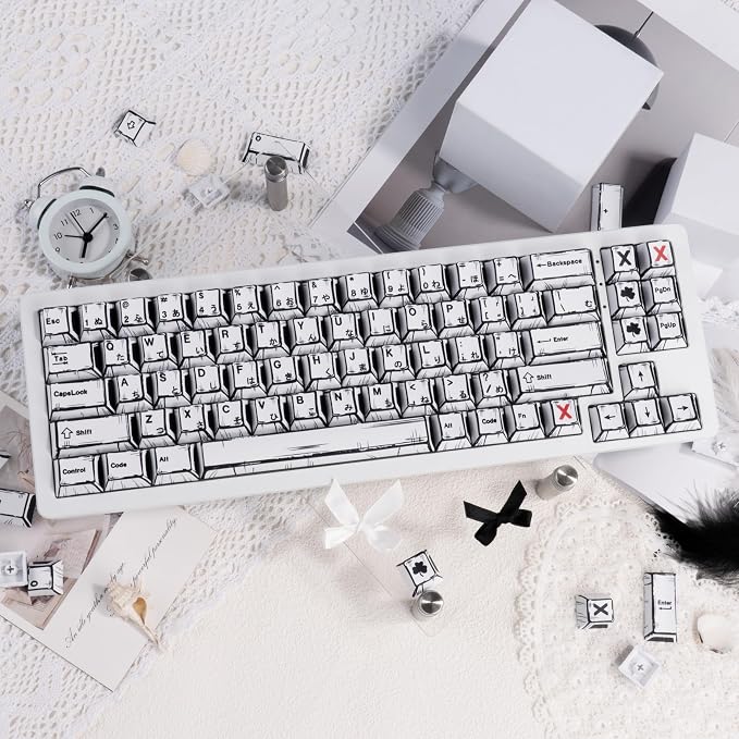 PBT Keycap Set Cherry Profile, Manga Themed Japanese Keycaps, Reto White Keyboard Key Caps Dye Sublimation KeyCap, 130 Keys Custom Cherry MX Key Cap for ANSI Layout Mechanical Keyboard