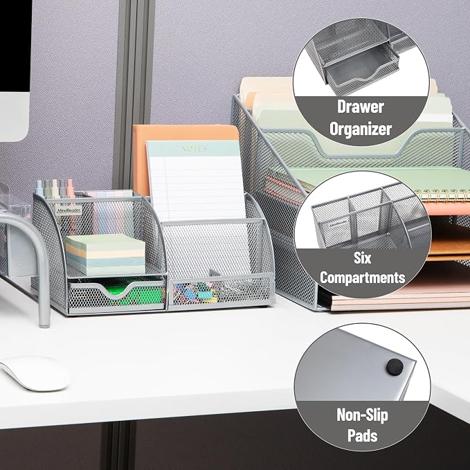 Mind Reader 7-Compartment Desktop Organizer, Metal Mesh Desk Organizer for Pens, Sticky Notes, Mail and Office Supplies, Silver