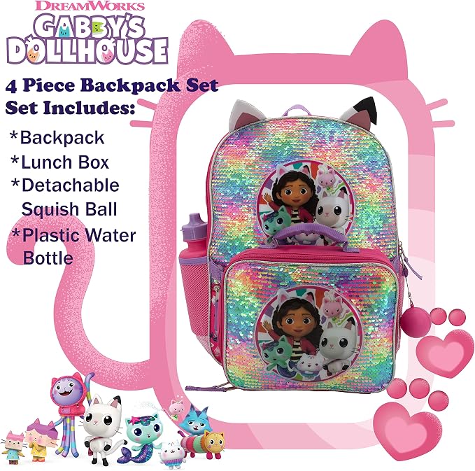 AI ACCESSORY INNOVATIONS Gabby’s Doll House 4 Piece Backpack Set, Flip Sequin 16" School Bag for Girls with Front Zip Pocket, Pink