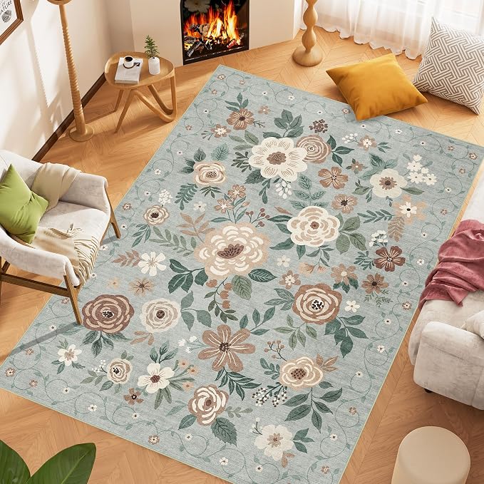DUKINO 5x7 Area Rug, Floral Design, Lightweight Non Slip Washable, Indoor Low Pile & Non-Shedding Boho Rug for Bedroom, Living Room, Dining Room, Sage Green