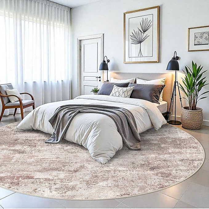 Washable Abstract 9ft Round Rugs - Large Rugs for Living Room Non Slip Indoor Entryway Carpet Bedroom Kitchen Distressed Stain Resistant Floor Decor Mat Machine Washable 9ft Brick/Brown/Beige