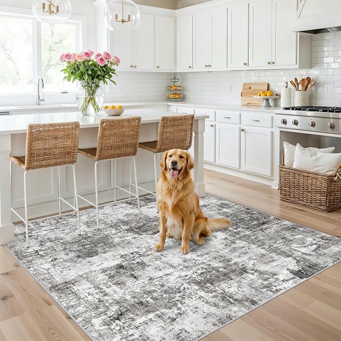 5x5 Square Entryway Rug Washable – Non-Slip Small Area Rug for Kitchen or Bathroom, Soft Low-Pile Indoor Mat, Modern Abstract Thin Door Carpet (Grey)