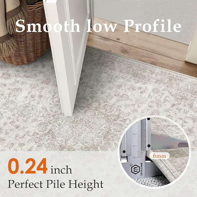 PureCozy 2x3 Area Rug Washable Neutral Beige Vintage Entryway Carpet Non Slip Low Pile Soft Door Mat Indoor Entrance Floral Small Throw Rug for Bathroom Bedroom Office Laundry Kitchen