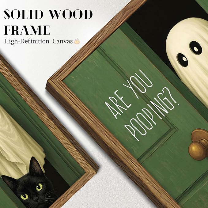 Funny Halloween Bathroom Wall Art, Vintage Cute Ghost Cat Canvas Wall Decor Paintings, Funny Are You Pooping Artwork Poster Print Picture for Bathroom Restroom 12x16 Inch Framed
