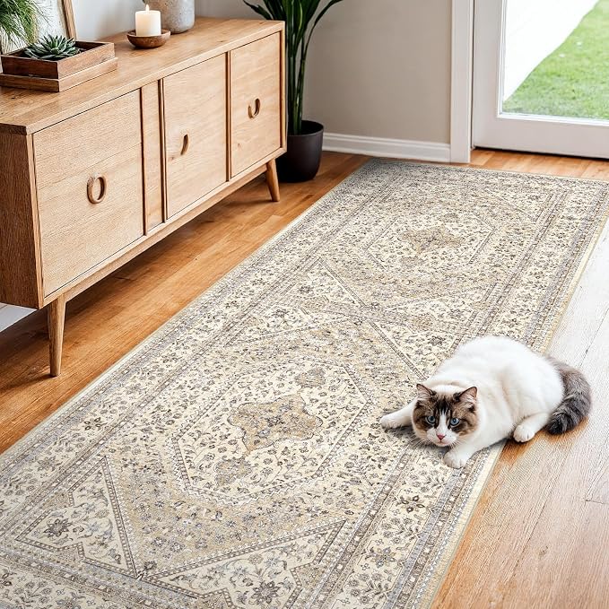 2x7 Runner Rug for Hallway Washable: Non Slip Kitchen Rugs with Rubber Backing Soft Waterproof Wide Mats Stain Resistant Low Pile Carpet for Entryway Bedroom Bathroom Laundry Home Decor Beige/Gray