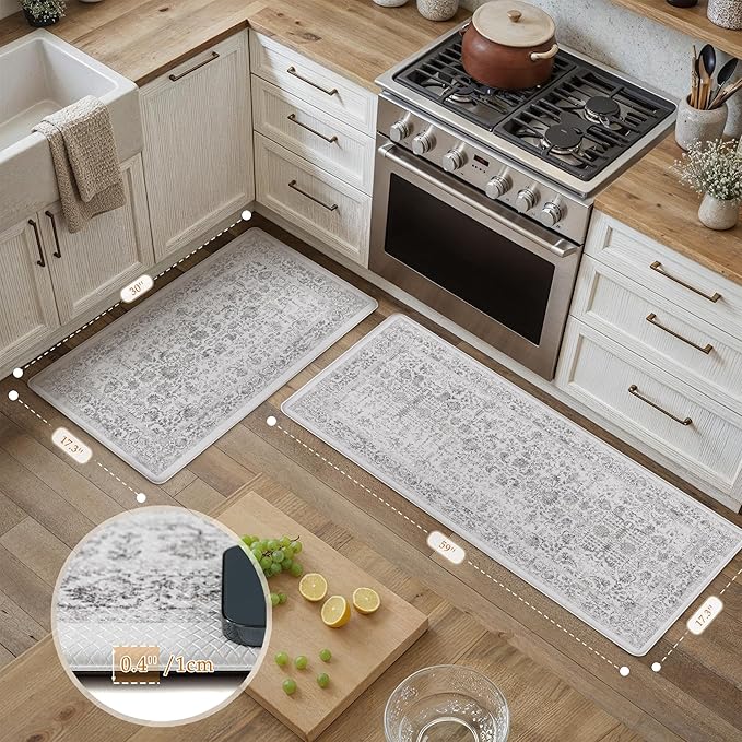 Kitchen Mats 2PCS Anti Fatigue Cushioned Mat Black Vintage Kitchen Mats for Floor Waterproof Non Slip Comfort Standing Retro Floral Rug for Sink Laundry Office 17.3"x59"+17.3"x30"