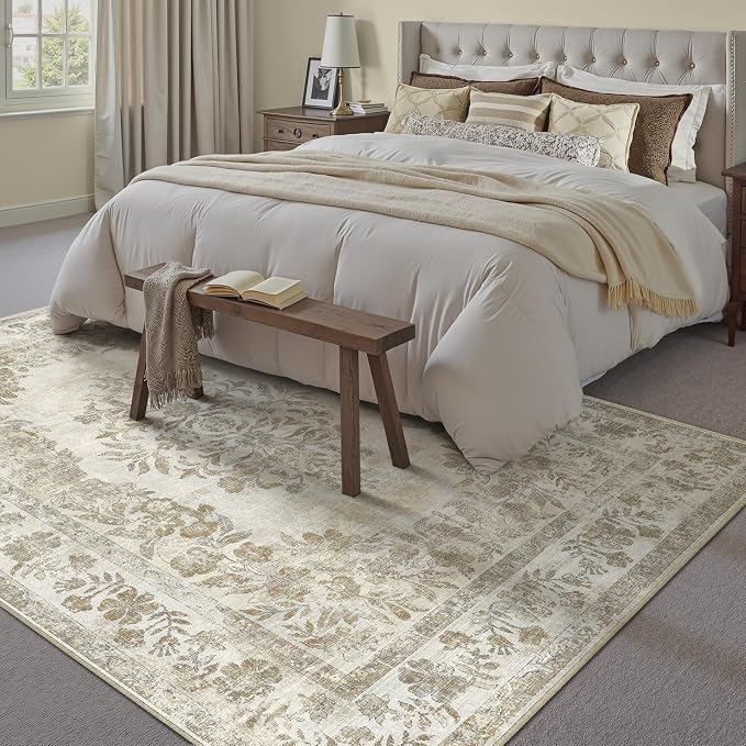 PureCozy 9x12 Area Rug Beige Washable Vintage Distressed Living Room Carpet Large Bedroom Indoor Medallion Floral Non Slip Retro Throw Floor Mat for Office Dining Room Kitchen Bathroom