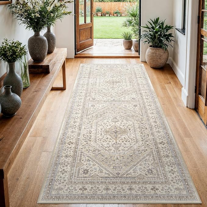 3x6 Runner Rug for Hallway Washable: Non Slip Kitchen Rugs with Rubber Backing Soft Waterproof Wide Mats Stain Resistant Low Pile Carpet for Entryway Bedroom Bathroom Laundry Home Decor Beige/Gray