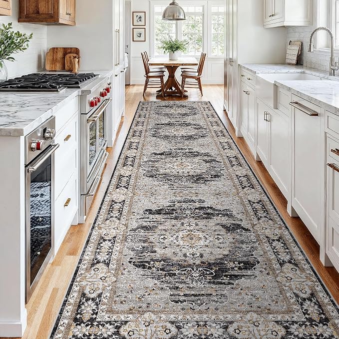 4x12 Runner Rug for Hallway Washable: Non Slip Kitchen Rugs with Rubber Backing Soft Waterproof Wide Mats Stain Resistant Low Pile Carpet for Entryway Bedroom Bathroom Laundry Home Decor Black/Gray