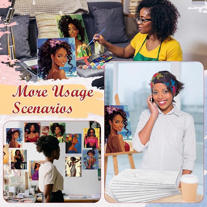 Blosssound 10 Set Charming Lady Pre Printed Canvas Pre Drawn Canvas Painting with Easel Kits 5" x 7" Sip and Paint Party Kit for DIY Art, Adult's Date Night