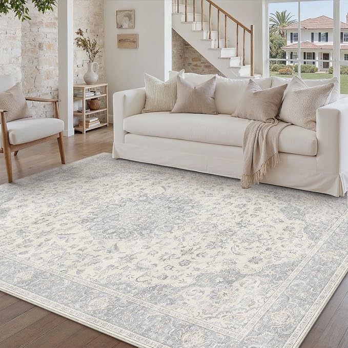PureCozy 5x7 Area Rug Washable Neutral Gray Living Room Bedroom Vintage Carpet Non Slip Low Pile Soft Floral Indoor Grey Throw Rug for Dining Room Kitchen Office