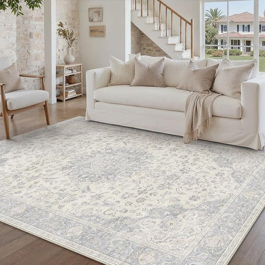 PureCozy 5x7 Area Rug Washable Neutral Gray Living Room Bedroom Vintage Carpet Non Slip Low Pile Soft Floral Indoor Grey Throw Rug for Dining Room Kitchen Office