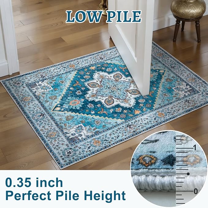 Tangsoo Blue 3x5 Washable Rug, Vintage Indoor Area Rugs, Boho Non Slip Accent Rug Carpet, Soft Low Pile Rugs for Living Room Dorm Bedroom Bedside Entryway Bathroom Home Decor