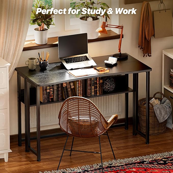 Huuger Folding Desk with Storage Shelf, 39.3 Inch Foldable Computer Table for Small Spaces, Space Saving Sofa Table for Couch, Writing Work Office Computer Desk, Easy to Fold, Black
