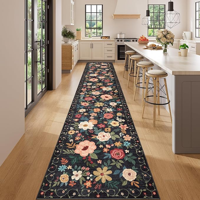 DUKINO 2x14 Runner Rug, Floral Long Washable Boho Kitchen Runner Rug with Non Slip Backing, Soft Non Shedding & Low Pile Carpet for Bedroom, Entrance, Laundry, Bathroom, Black