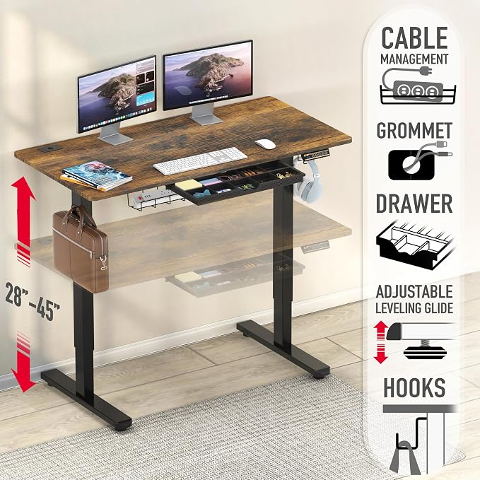SHW 48-Inch Electric Height Adjustable Standing Desk with Drawer, Memory Preset and Cable Management Tray, Rustic Brown