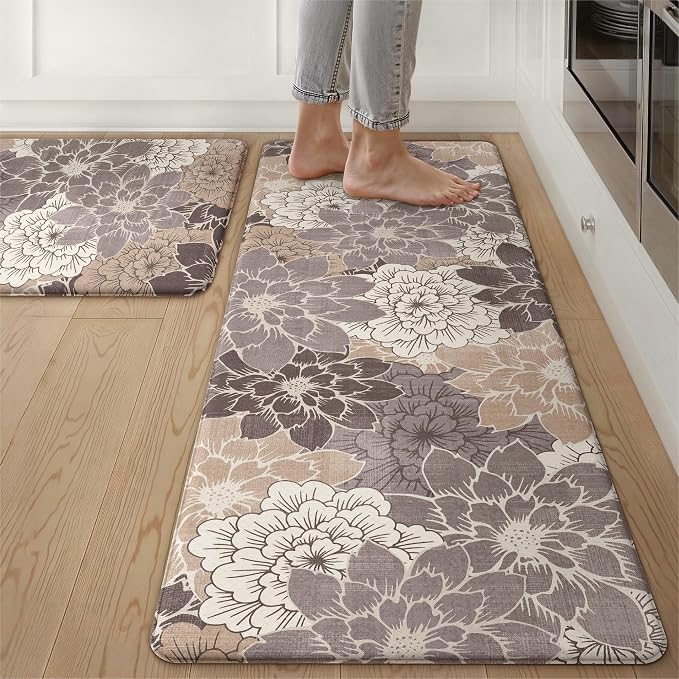 GENIMO Anti Fatigue Kitchen Mats for Floor 2PCS, Cushioned Standing Mats | 20"x32"&20"x48", Coffee Brown vintage floral rug set, waterproof, non slip, easy-clean for farmhouse