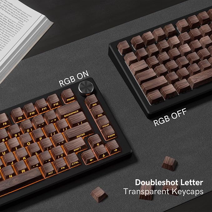 Womier PBT Keycaps, Custom Keyboard Caps 60 65 75 100 Percent, Shine Through Cherry Profile Keyboard Keys, Doubleshot Side Print Dye Sub Keycap Set (Walnut)