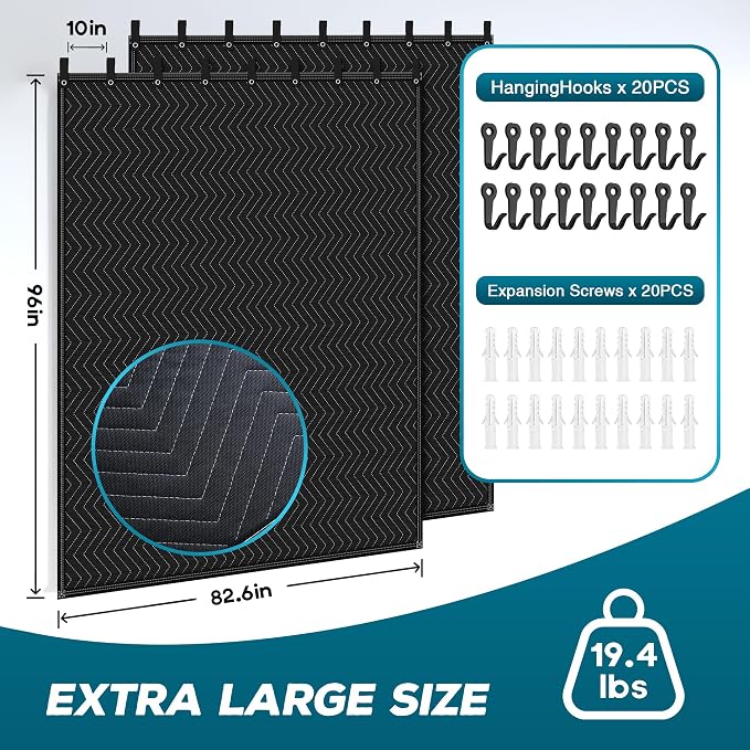2 PCS Large Sound Dampening Blanket,96" x 80" Sound Absorbing Studio,Noise Cancelling Studio Acoustic Blanket/Light Blocker/Moving Curtain