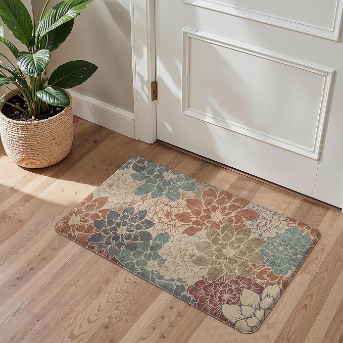 GENIMO Anti Fatigue Kitchen Mats for Floor 2PCS, Cushioned Standing Mats | 17.3"x59"&17.3"x30", Brick red vintage floral rug set, waterproof, non slip, eeasy-clean for farmhouse