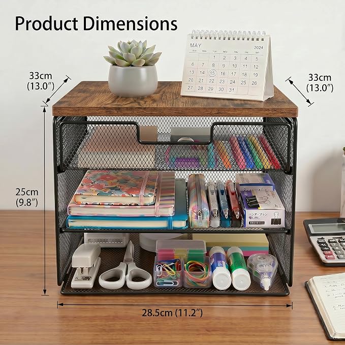 4-Tier Mesh Desk Organizer and Accessories with Drawer Wooden Top Desktop Organizers Letter Tray Paper Organizer File Holder for Home Office School Black