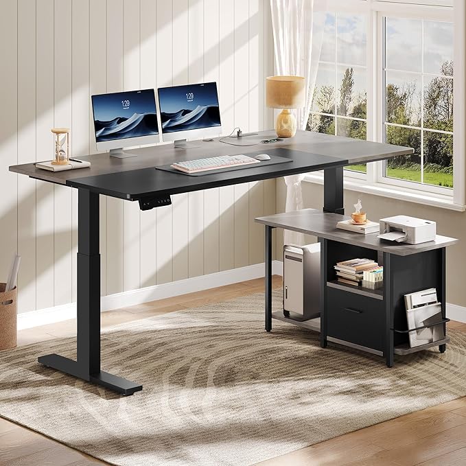 YITAHOME L Shaped Standing Desk with Power Outlets, 70.1" Electric Standing Desk Adjustable Height Sit Stand Corner Standing Desks Executive Desk with Drawers & Shelves, Grey + Black