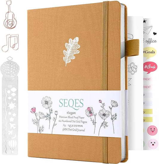 A5 Bullet Dotted Journal Notebook | 160gsm Thick Bleedproof Paper, Lay Flat Binding, 160 Numbered Pages | Hard Cover Dot Grid Notebook/Bullet Journals for Creatives & Professionals-Oak leaves