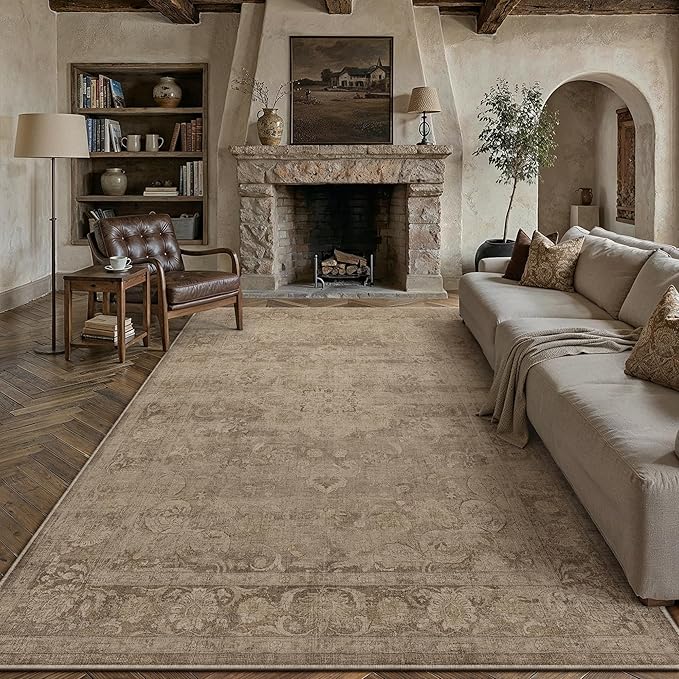 PureCozy Brown Area Rug 6x9 Washable Vintage Living Room Bedroom Carpet Non Slip Soft Low Pile Distressed Medallion Indoor Floor Retro Throw Large Rug for Dining Room Office