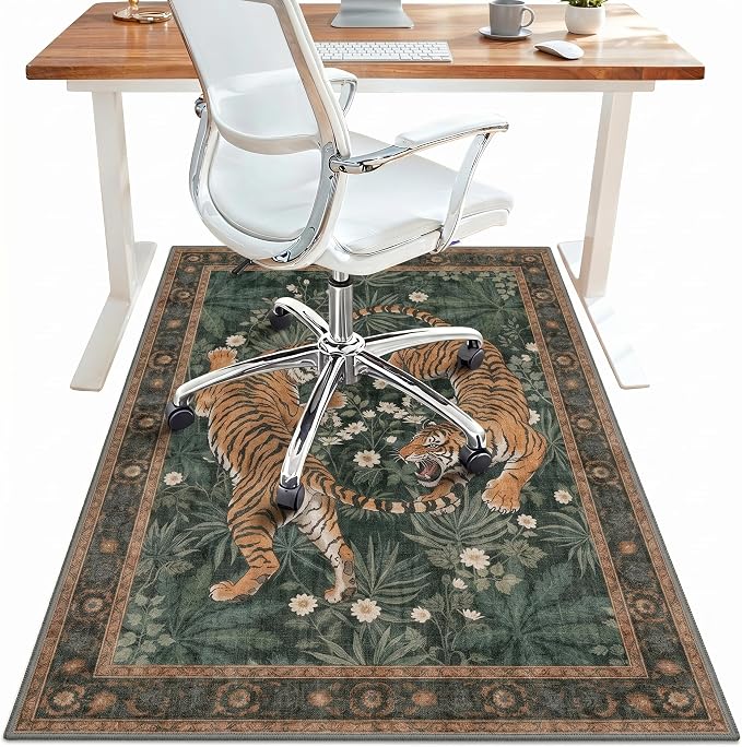 48"x60" Office Chair Mat for Hardwood Tile Floor, Under Desk Carpet Protector for Rolling Computer Chair Mat, Machine Washable Area Rug, Anti-Slip 1/5" Thick Low Pile Thin Vinyl Floor Mat, Tiger Green