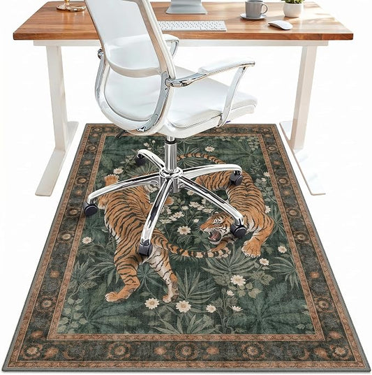 36"x60" Office Chair Mat for Hardwood Tile Floor, Under Desk Carpet Protector for Rolling Computer Chair Mat, Machine Washable Area Rug, Anti-Slip 1/5" Thick Low Pile Thin Vinyl Floor Mat, Tiger Green