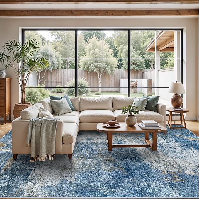 Living Room Area Rugs 9x12: Abstract Washable Bedroom Rugs with Non Slip Rubber Backing Stain Resistant Carpet for Dining Room Soft Indoor Floor Decor Mat for Households/Newlyweds 9x12 Blue White