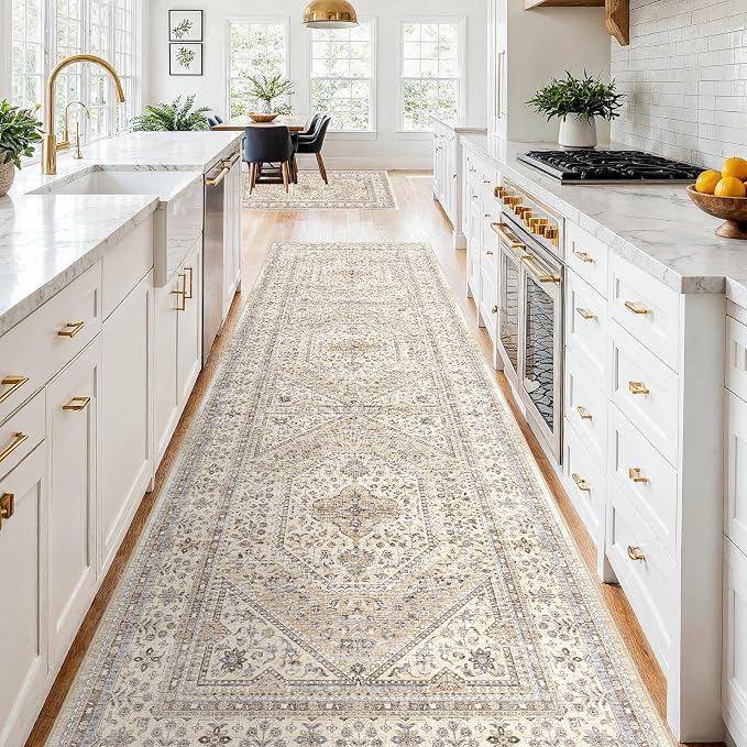 4x10 Runner Rug for Hallway Washable: Non Slip Kitchen Rugs with Rubber Backing Soft Waterproof Wide Mats Stain Resistant Low Pile Carpet for Entryway Bedroom Bathroom Laundry Home Decor Beige/Gray