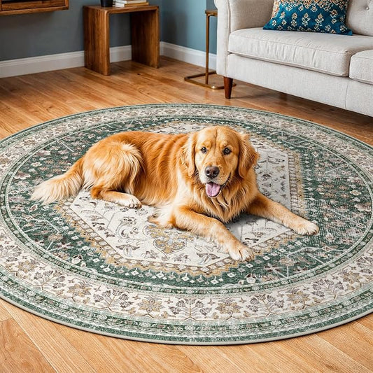 Puino 6FT Round Area Rugs for Living Room: Circle Rugs Machine Washable Oriental Low Pile Soft Non Slip Backing Vintage Indoor Rug for Bedroom Nursery Dining Room Home Office Green/Beige