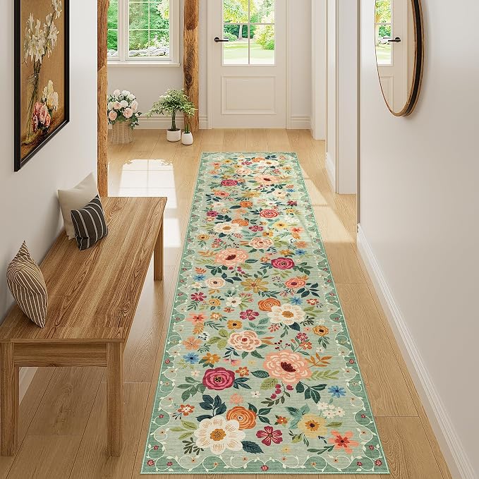 DUKINO 2x8 Runner Rug for Hallway, Washable Kitchen Runner Rug with Rubber Backing Non Slip, Low Pile Soft Boho Floral Thin Carpet for Entryway, Hallway, Bathroom, Laundry Room, Green