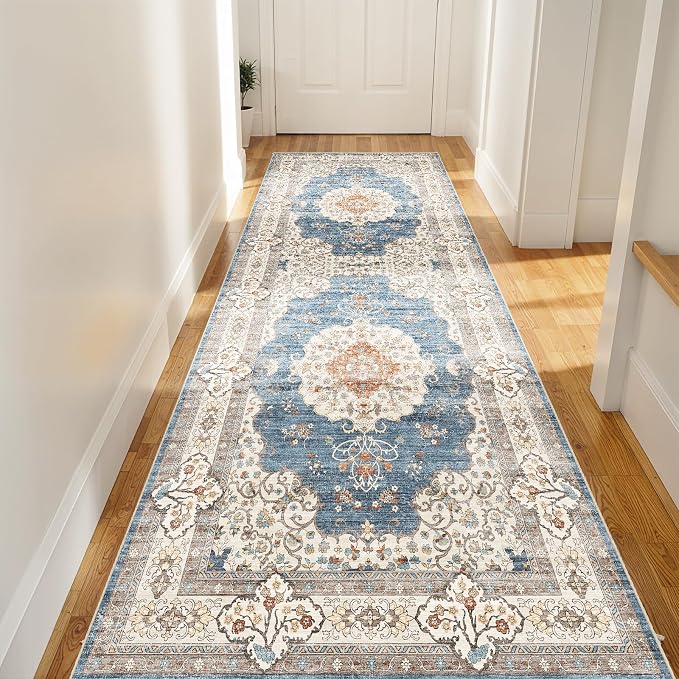 3x8 Washable Hallway Runner Rug:Oriental Indoor Kitchen Rugs Vintage Door Mat Non Slip with Rubber Backing Low Pile Thin Carpet for Bedroom Bathroom Living Room Bedside (3x8 Blue/Beige)