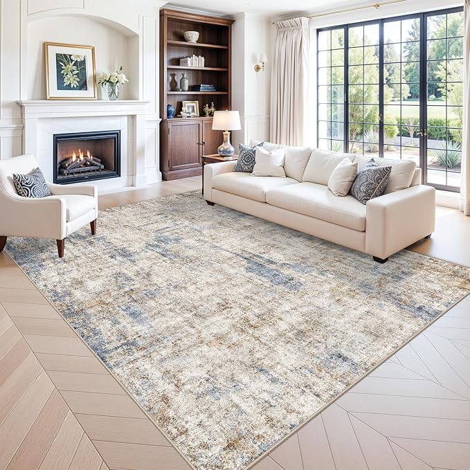 Washable 8x10 Area Rug – Modern Neutral Abstract Soft Non-Slip Stain-Resistant Low Pile Thin Carpet for Living Room Bedroom Dining Room Under Table Home Office(Blue Brown)