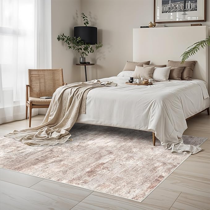 RUUGME Washable Abstract Rug 4X6：Living Room Large Vintage Area Rug Soft Indoor Low Pile Carpet for Bedroom, Dining Room Non-Slip Distressed Floor Decor Machine Washable Mat 4X6 Brick/Brown/Beige