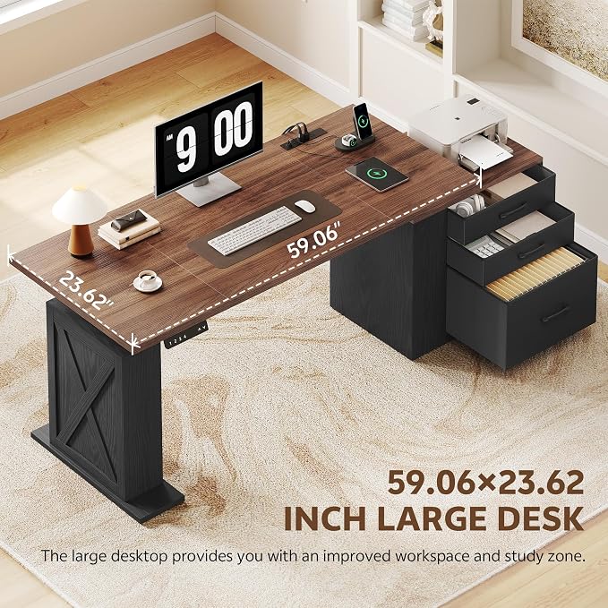 75.5'' Electric Standing Desk with Drawers, Farmhouse Height Adjustable Corner Desk, Sit Stand Office Desk with 4 AC Outlets & Type C Port, Executive Computer Desk, Brown & Black