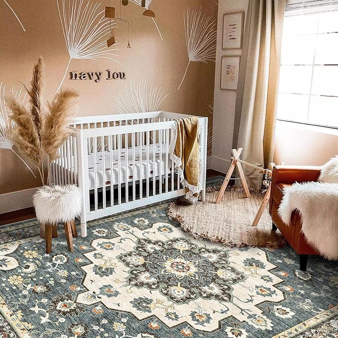 TOPRUUG Washable Oriental Area Rug - 5x8 Rugs for Living Room Soft Carpet for Bedroom Waterproof Floral Distressed Indoor Stain Resistant Non-Shedding Floor Carpets (Blue, 5x8)