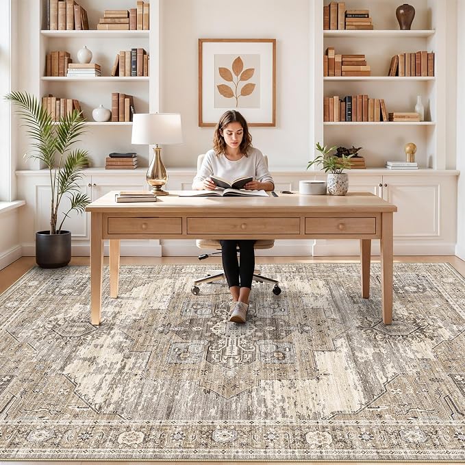 RUUGME 6x8 Washable Oriental Area Rug - Living Room Rugs with Non Slip Backing Soft Stain Resistant Carpet for Bedroom Kitchen Ultra Thin Low Pile Home Decor Floor Mat for Bathroom Nursery 6x8 Beige