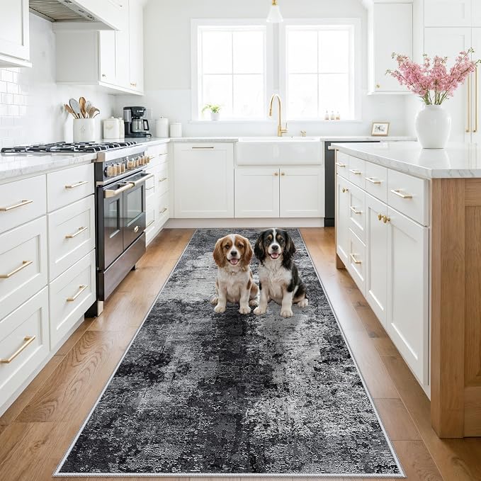 Abstract 3x10 Washable Runner Rug: Indoor Modren Kitchen Carpet with Non-Slip Backing Ultra Thin Low Pile Foldable Rugs Stain Resistant Durable Floor Mat for Bathroom Hallway Laundry 3X10 BlackW