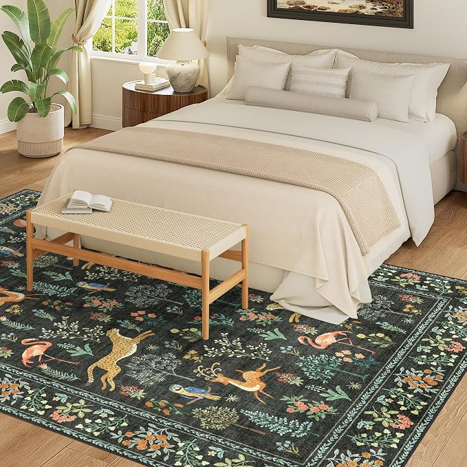 DUKINO 6x9 Rug, Washable Animal Living Room Rug with Non Slip Vintage Design, Soft Low Pile Large Carpet for Bedroom, Nursery, Dining Room, Farmhouse, Playroom, Black