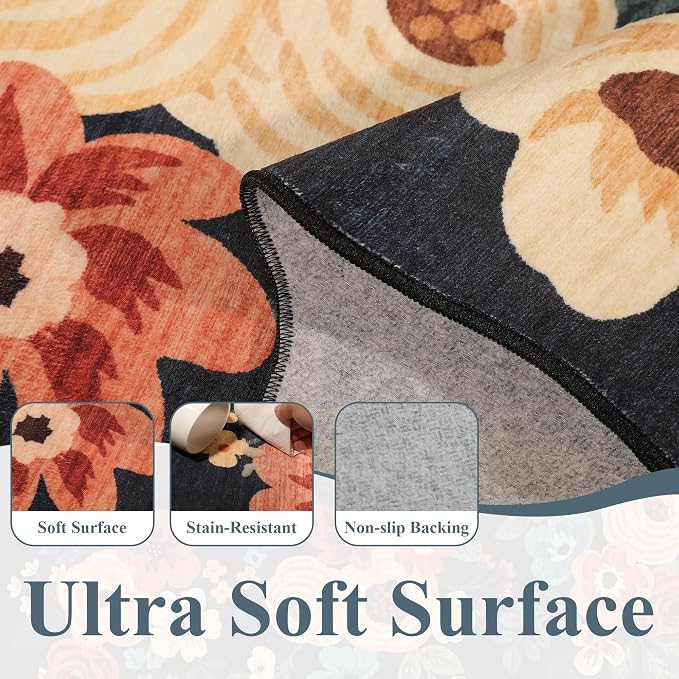 DUKINO Washable Runner Rug, 2x7 Lightweight Soft Floral Hallway Rug Runner with Low Pile Design, Non Shedding & Non Slip Backing Thin Indoor Carpet for Bedroom, Bathroom, Entrance, Kitchen, Navy Blue
