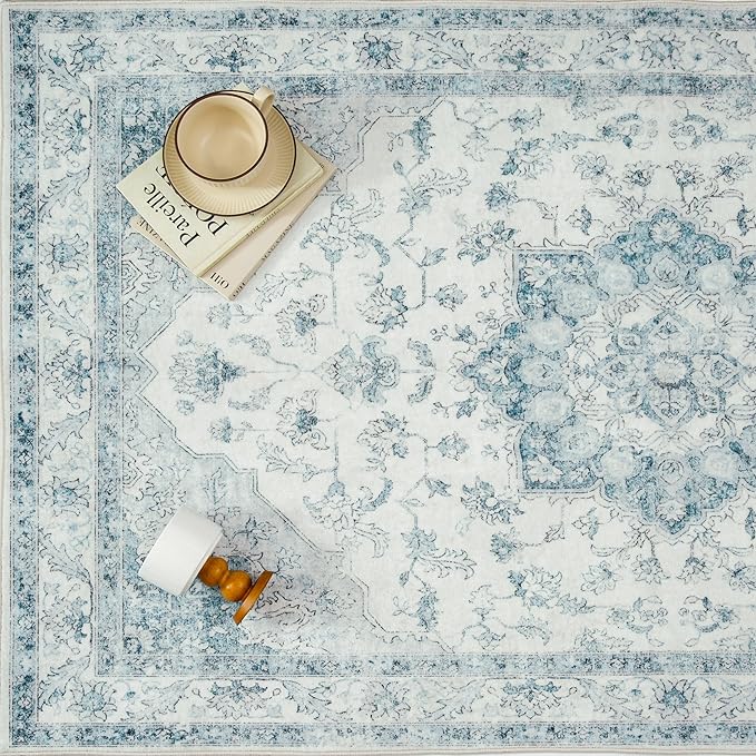 PureCozy Blue Area Rug 6x9 Washable Vintage Carpet for Living Room Bedroom Large Soft Retro Low Pile Thin Indoor Rug Non Slip Oriental Medallion Floor Cover for Dining Room Office