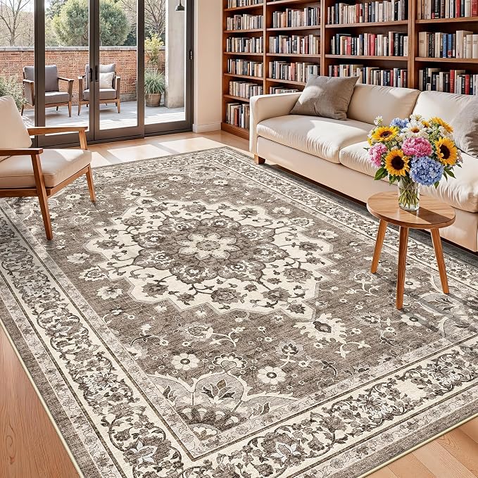 TOPRUUG Washable Oriental Area Rug - Beige 9x11 Area Rugs for Living Room Bedroom Dining Room Under Kitchen Table - Non-Slip & Stain Resistance Rug for High Traffic Area (Beige, 9x11)