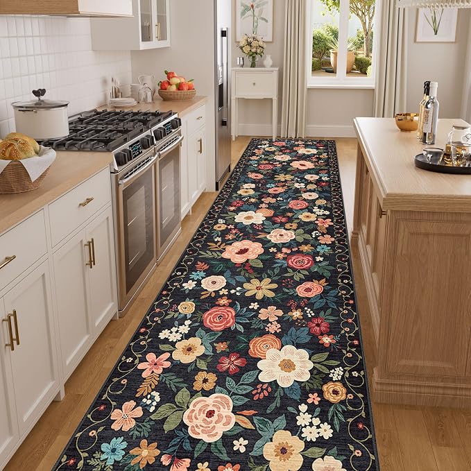 DUKINO 2.6x14 Kitchen Runner Rug, Lightweight Floral Washable Rug for Hallway, Boho Low Pile & Non Slip Backing Soft Floor Carpet for Entryway, Bedroom, Bathroom, Laundry, Black