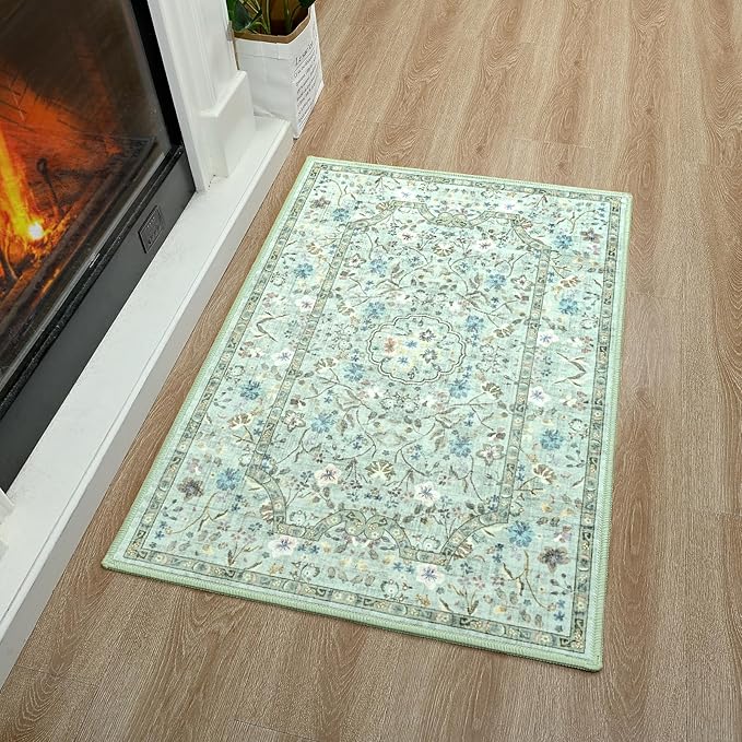 Vasofe 2x3 Area Rug for Bedroom, Small Rugs for Entryway, Kitchen, Bathroom, Non-Slip Washable Carpet Soft Low Pile Vintage Floral Light Green Mat Front Door Mats for Indoor Entrance
