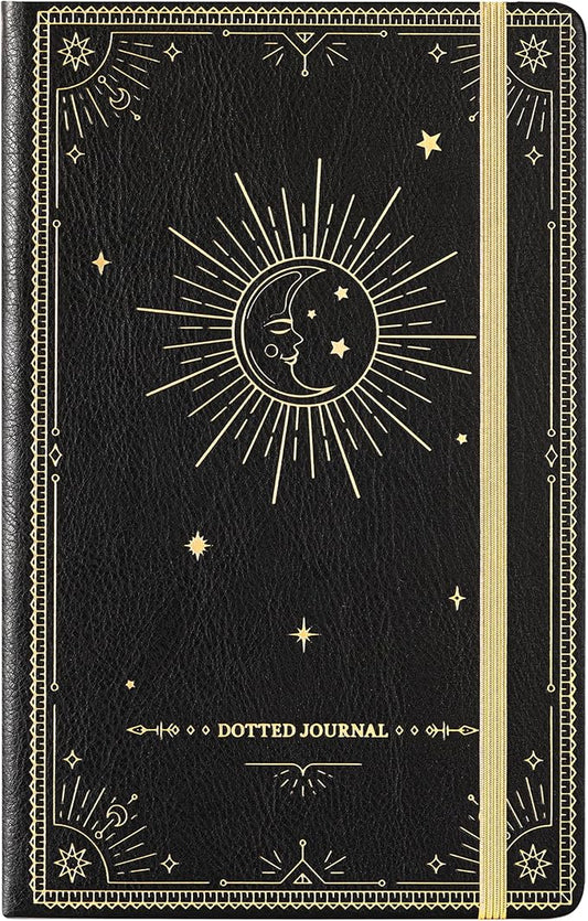 Artfan Dotted Journal/Notebook - Dot Grid Hard Cover Notebook, Premium Thick Paper with Fine Inner Pocket, Black Smooth Faux Leather, Pen Loop, 5.8''×8.4'' - Black