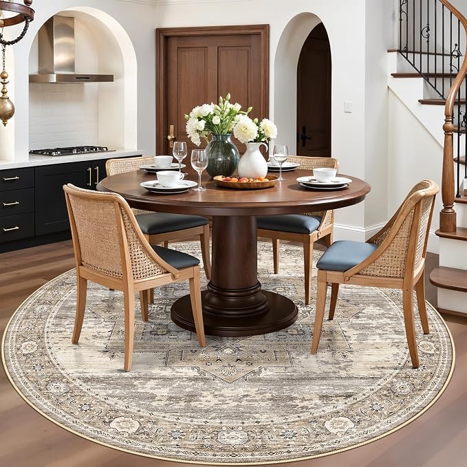 RUUGME Washable Round Rug 5ft: Living Room Circle Rugs with Non Slip Rubber Backing Stain Resistant Indoor Carpet for Bedroom Ultra Thin Soft Floor Decor Mat 5ft Beige