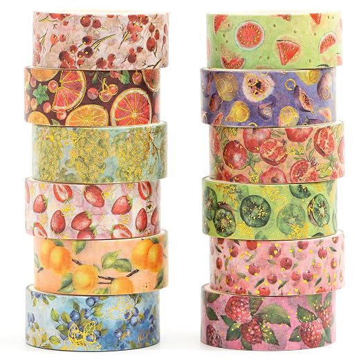 12 Rolls Charming Washi Tape Set Gold Silver Foil Detailing Arts Adhesive Tapes Basic Patterns Decorative Masking Tape Sets for Craft, Kids, Scrapbook, DIY, Gift Wrapping (Fruits Feast)